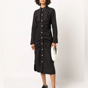 NWT- GANNI cotton poplin long collar gathered fitted dress